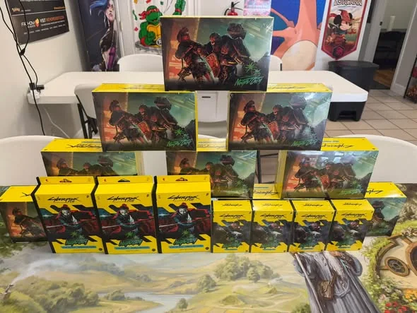 Cyberpunk trading card game stock displayed inside Omni